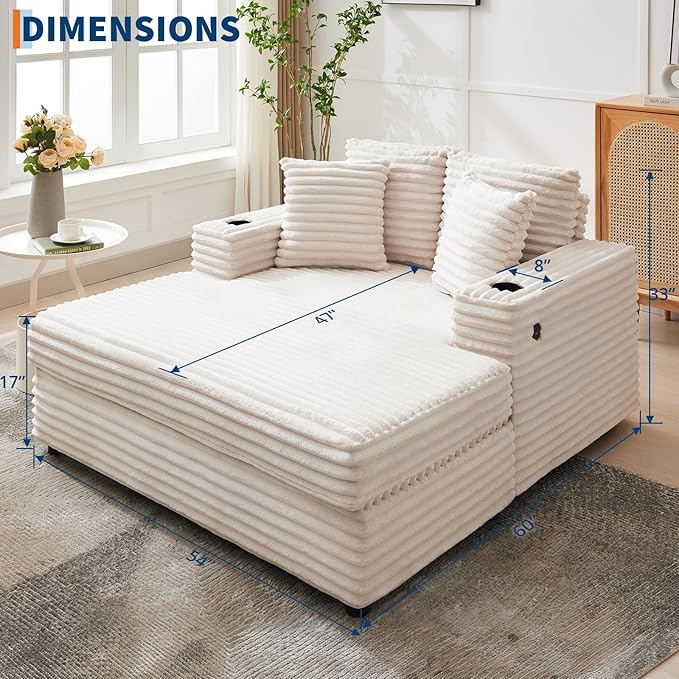 GarveeHome Oversized Chaise Lounge Chair Indoor, Comfy Corduroy Lounge Sofa with Charging Station, Cup Holders & Throw Pillows, Cozy Sleeper Couch for Living Room Apartments, Beige