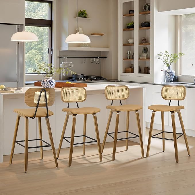 Counter Height Bar Stools Set of 4, 26" Mid Century Modern Rattan Bar Stools for Kitchen Counter PU Leather Upholstered Barstool with Wood Legs, Counter Height Island Stool Chair, Brown & Walnut