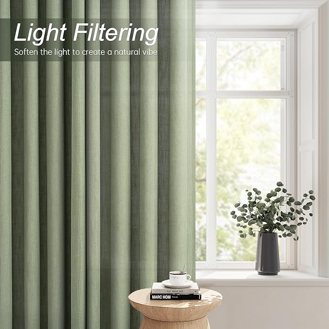 Sage Green Linen Sheer Curtains 84 Inches Long 2 Panels for Living Room Bedroom Thick Linen Textured Semi Sheer Curtain Light Filtering Light Green Farmhouse Drapes 84 Inch Length
