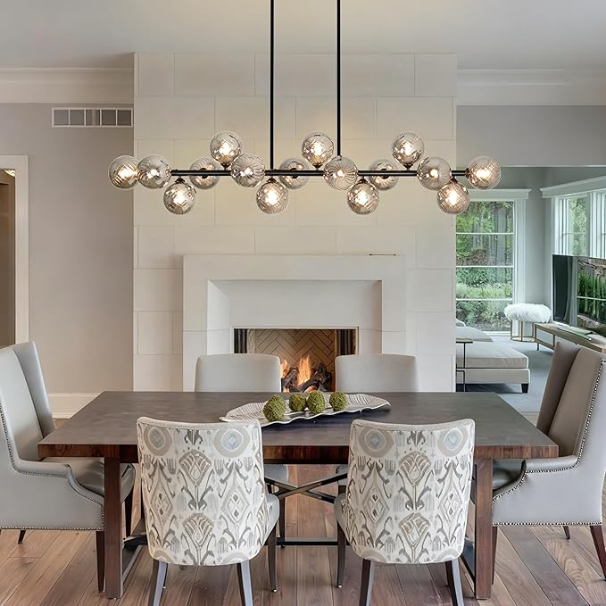 Dining Room Light Fixture 16-Light Farmhouse Chandeliers for Dining Room Large Chandelier Linear Sputnik Chandelier Smoke Gray Swirled Globe Glass Bubble Black Modern Pendant Lights Kitchen Island