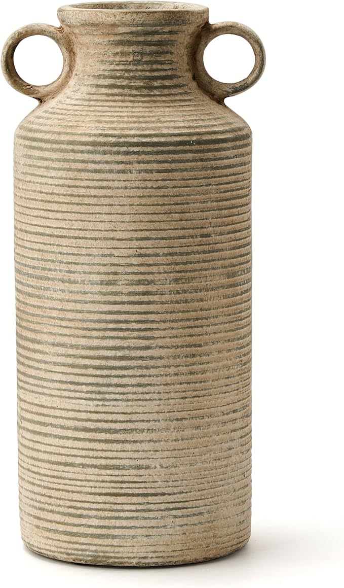 Ceramic Rustic Vase with 2 Round Handles, Antique Farmhouse Flower Vase, Vintage Terracotta Vases for Home Decor, Wedding, Living Room, Table, Shelf Decor - 10.2 Inch Tall, Terra