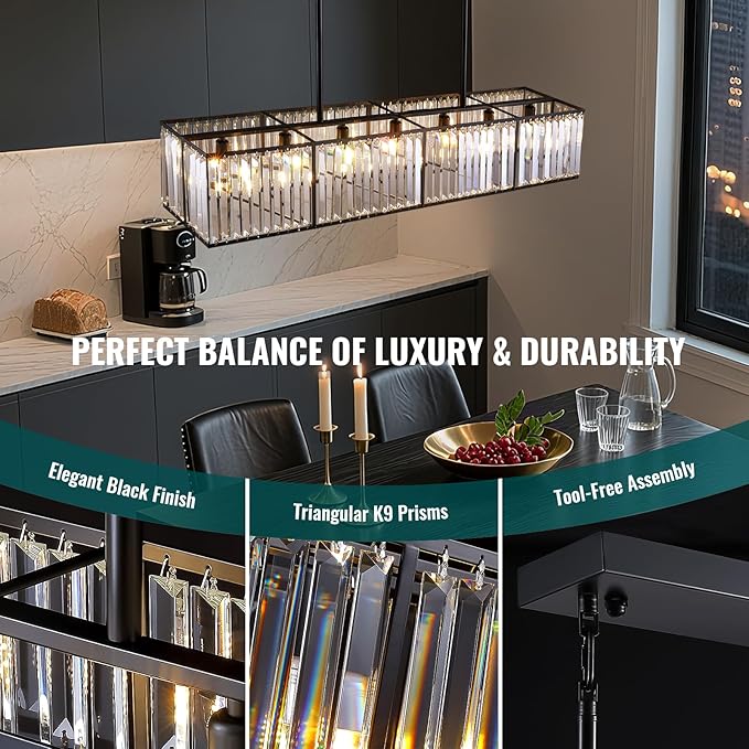 Siljoy Modern Crystal Chandelier for Dining Room, 7 Lights Black Large Rectangular Farmhouse Crystal Chandelier Industrial Linear Pendant Ceiling Light for Living Room Kitchen Island Bar L47''