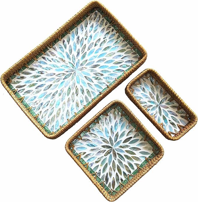 i-lan Set of 3 Rectangular Rattan and Mother of Pearl Serving Tray,Rectangule Natural Rattan Woven Trays,Natural Wicker Decorative Serving Baskets for Entryway Kitchen Bathroom Counter,Blue MOP Tray