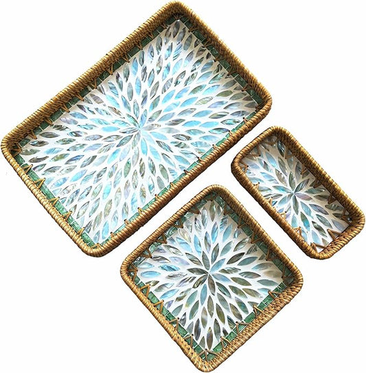 i-lan Set of 3 Rectangular Rattan and Mother of Pearl Serving Tray,Rectangule Natural Rattan Woven Trays,Natural Wicker Decorative Serving Baskets for Entryway Kitchen Bathroom Counter,Blue MOP Tray