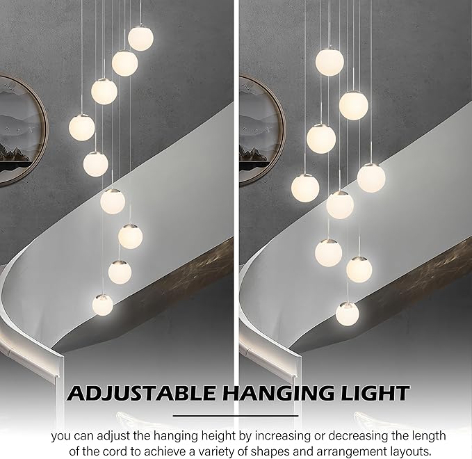 KoKo&Yukina 9-Light Globe Milky White Glass Pendant Light Adjustable Length Pendant Lights Modern Glass Globe Pendant Lights Nickel Chandeliers Large Chandeliers for High Ceiling (Bulb & Remote Incl)