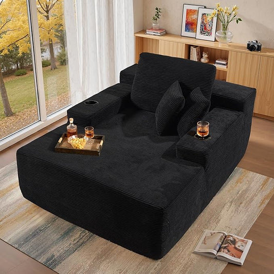 Chaise Lounge Chair Indoor, 67" Oversized Comfy Corduroy Sleeper Sofa Bed with Cup Holders and Wide Armrests, Boneless Upholstered Recliner Bed, Modern Cloud Couch for Living Room, Black