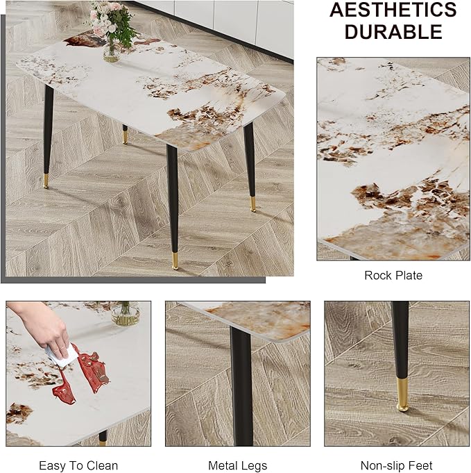 5 Pieces Modern Sintered Stone Dining Table Set 50" Rectangular Faux Marble Kitchen Table with 4 PU Leather Chair Dinner Table Set(1Faux Marble Table+4Gray and Brown Chairs)