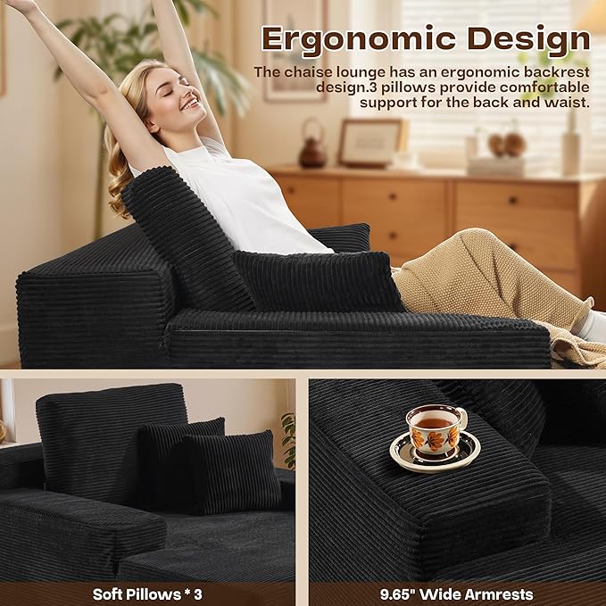 Chaise Lounge Chair Indoor, Oversized Sleeping Couch 67" L * 48.5" W Assembly Free Modern Minimalist Sofa, Extra Deep Large Single Seat Sofa for Living Room (Black Corduroy Fabric)