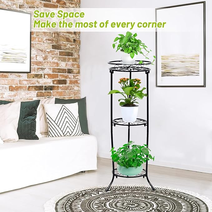 Plant Stand Indoor Outdoor, 3 Tier Tall Black Metal Plant Stands, 35 inch Round Multiple Plant Rack Holder Rack Flower Pot Stand Heavy Duty Plant Shelf for Patio Balcony Garden Living Room