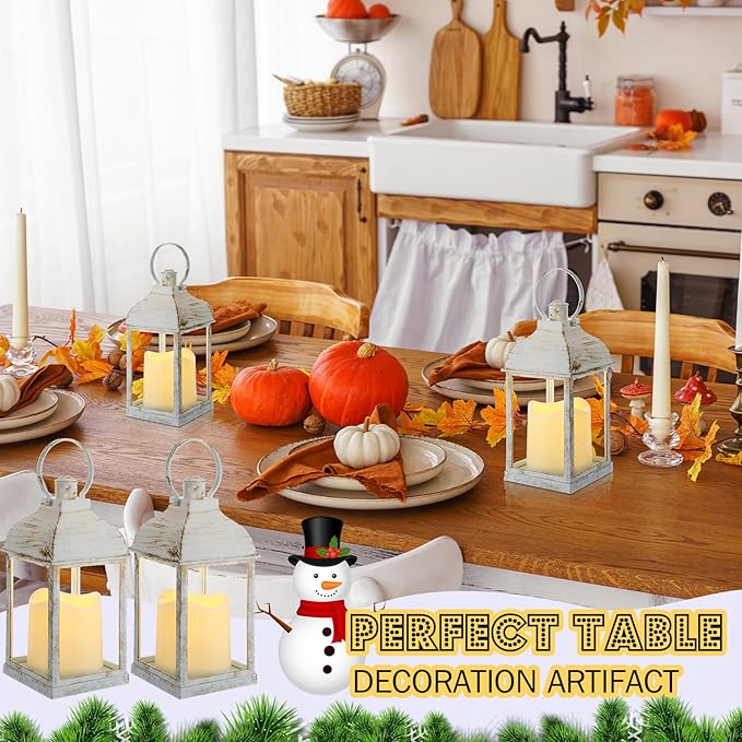 12 Set 10 Inch White Decorative Candle Lanterns Bulk Lanterns Centerpiece with LED Flameless Candle Indoor Outdoor Battery Powered Hanging Lights for Wedding Halloween Thanksgiving Christmas