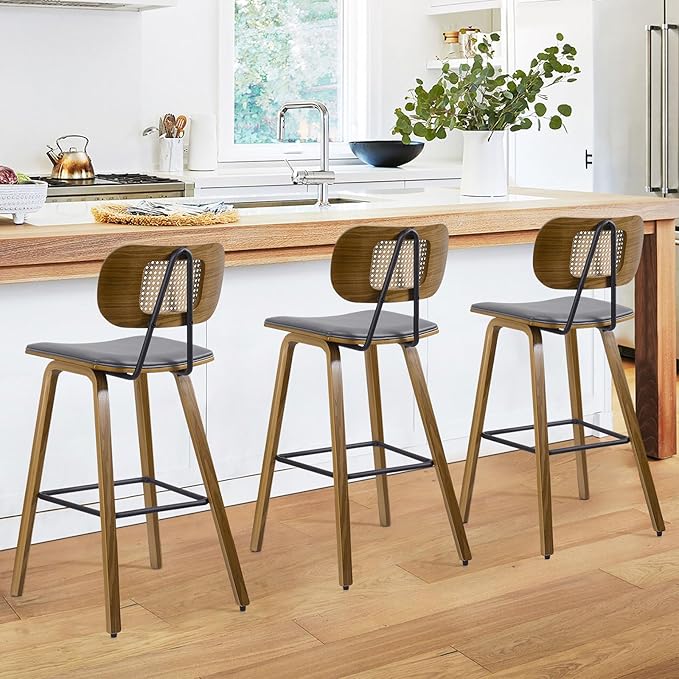 Counter Height Bar Stools Set of 3, Mid Century Modern Counter Stools, 26" Wood Kitchen Stool PU Leather Upholstered Barstools with Rattan Back, Counter Height Island Dining Bar Chair, Grey