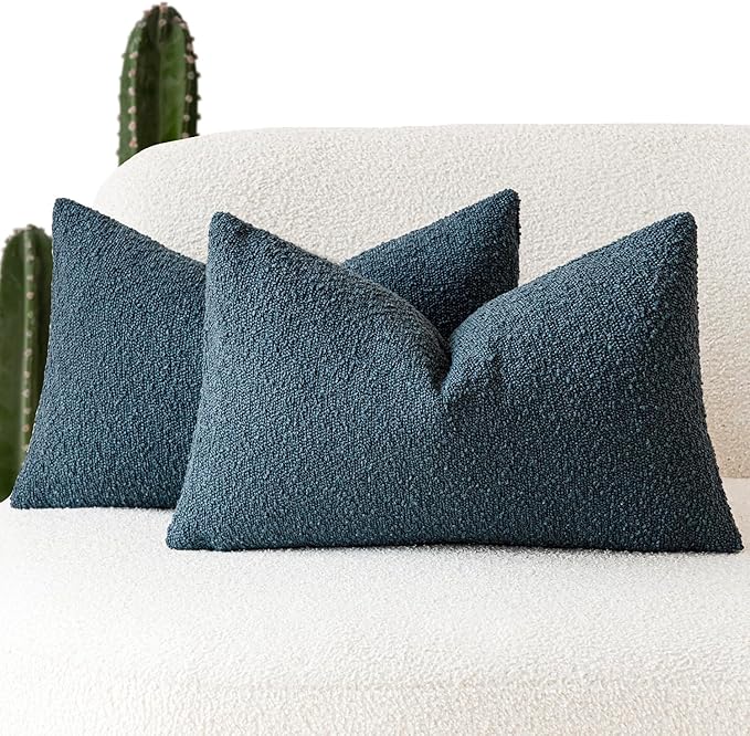 Foindtower Pack of 2 Modern Textured Boucle Throw Pillow Covers Accent Solid Decorative Lumbar Pillow Cases Cozy Couch Cushion Case for Chair Sofa Bedroom Living Room Home Decor, 12 x 20 Inch,Blue
