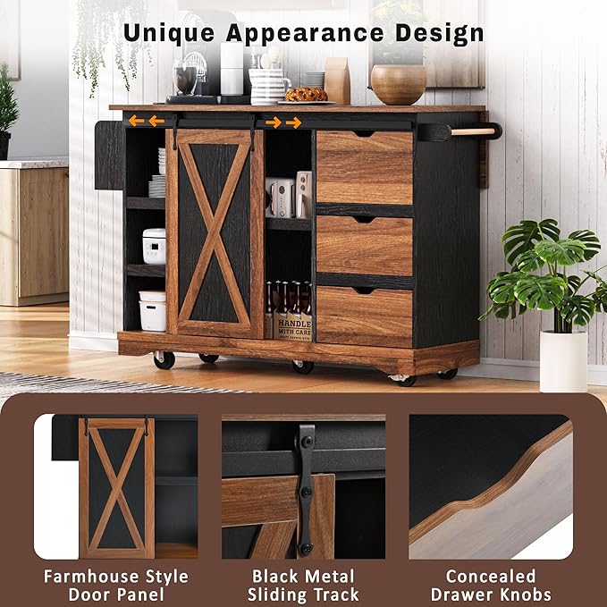 55.5" Farmhouse Kitchen Island with Drop Leaf, Kitchen Storage Island with Barn Door, Power Outlet, for Home, Kitchen, Dining Room, Black