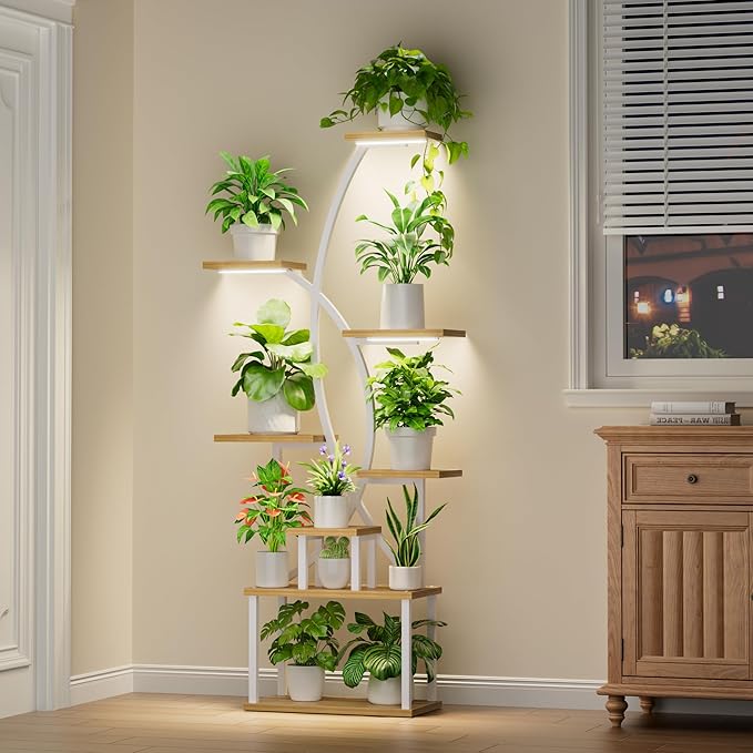 Plant Stand Indoor with Grow Lights, 8 Tiered Tall Plant Shelf for Indoor Plants Multiple, 65" Large Corner Shelves Metal Curved Flower Holder Display Rack for Living Room Patio Balcony, White