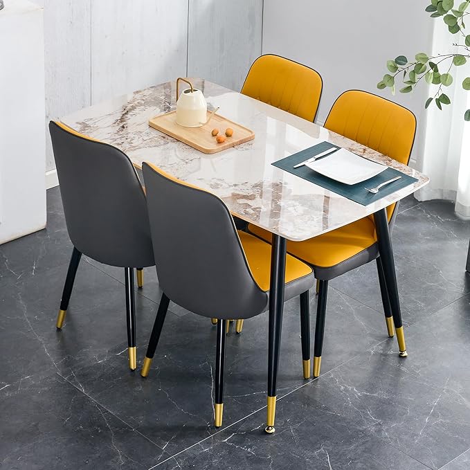 5 Pieces Modern Sintered Stone Dining Table Set 50" Rectangular Faux Marble Kitchen Table with 4 PU Leather Chair Dinner Set(1Faux Marble Table+4Orange and Gray Chairs)