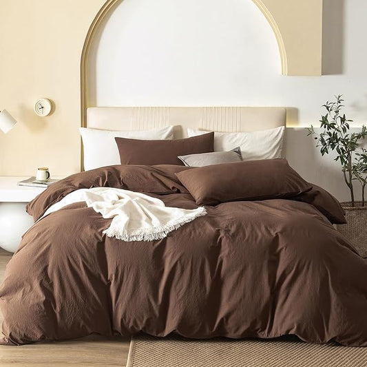 JIYUAN 100% Washed Cotton Duvet Cover Set 3 PCS Super King Plus, 1 Duvet Cover 120x120 Inches(Comforter Not Included) and 2 Pillowcases,Linen Feel Bedding Set Comfy and Breathable,Chocolate Brown