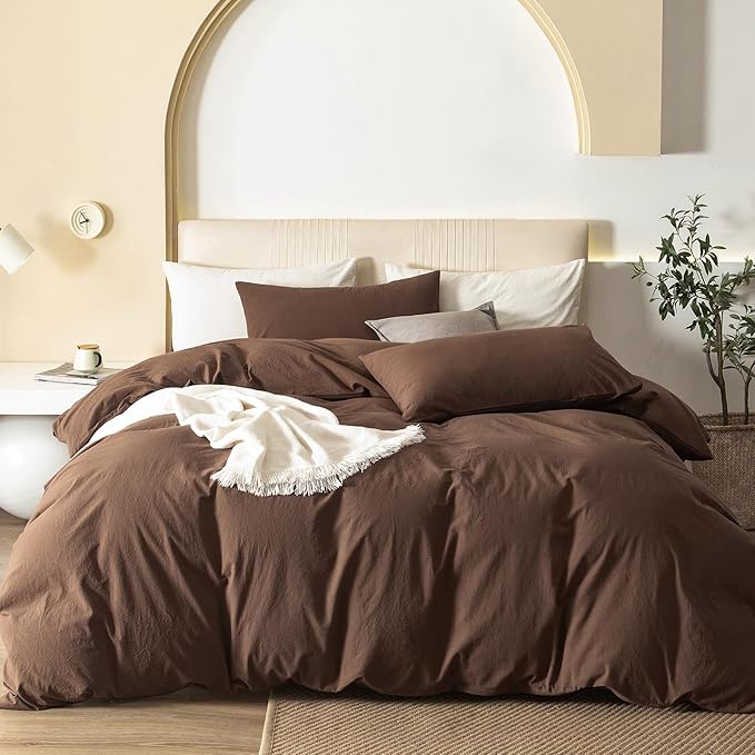 JIYUAN 100% Washed Cotton Duvet Cover Set 3 Pieces Alaska King, 1 Duvet Cover 132x120 Inches(Comforter Not Included) and 2 Pillowcases,Linen Feel Bedding Set Comfy and Breathable,Chocolate Brown