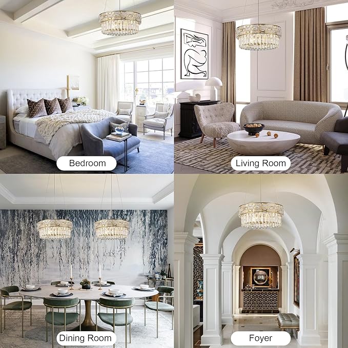 Crystal Chandelier, 16.5" 6-Light Gold Chandelier for Living Room, Round Chandeliers for Dining Room Dimmable, High Ceiling Chandeliers Hanging Lights for Entryway Bedroom