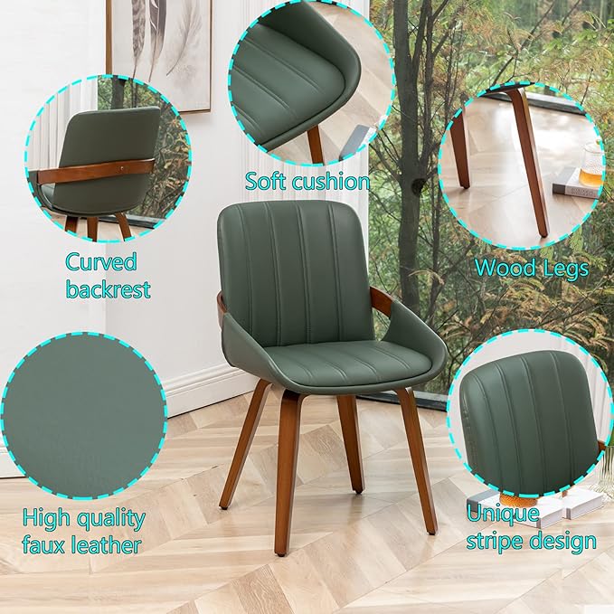 Mid Century Modern Faux Leather Upholstered Dining Chairs,Armless Accent Chairs with Sturdy Natural Wood Legs,Bamboo Backrest Support for Kitchen&Dining Room Chairs(1PCS,Green)