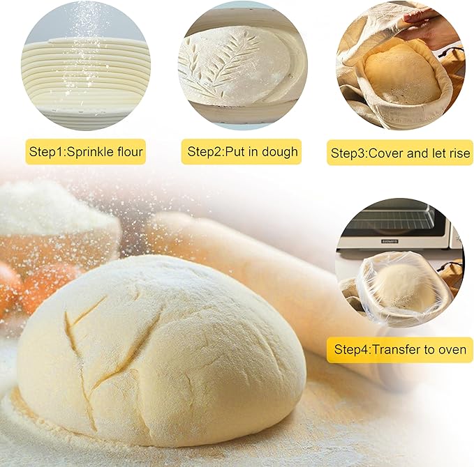 Round & Oval Rattan Banneton Basket Gift Kit with Accessories - Sourdough Bread Proofing Supplies (9" & 10", Liners, Scrapers, Lame) Natural for Home Bakers