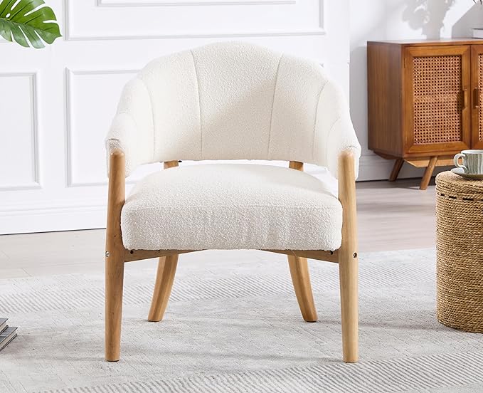 EALSON Modern Barrel Accent Chairs Set of 2 Boho Boucle Living Room Arm Chairs with Wood Legs Cozy Sherpa Upholstered Reading Armchairs Comfy Lounge Side Chair for Bedroom Waiting Room, White