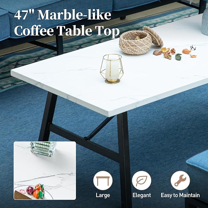 6 Piece Metal Outdoor Patio Furniture Set, Patio Conversation Set 1 3-seater Sofa, 2 Rocking Chair, 2 Ottomans with 5.75" Thick Cushion and Coffee Table, Black Backyard Furniture, Navy