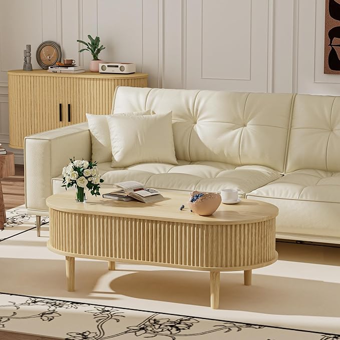 EAG Fluted Lift Top Coffee Table with Hidden Compartment, 39 Inch Modern Oval Coffee Table with 3 Storage, Fully Wooden Assembled Center Table for Living Room, Office, Natural