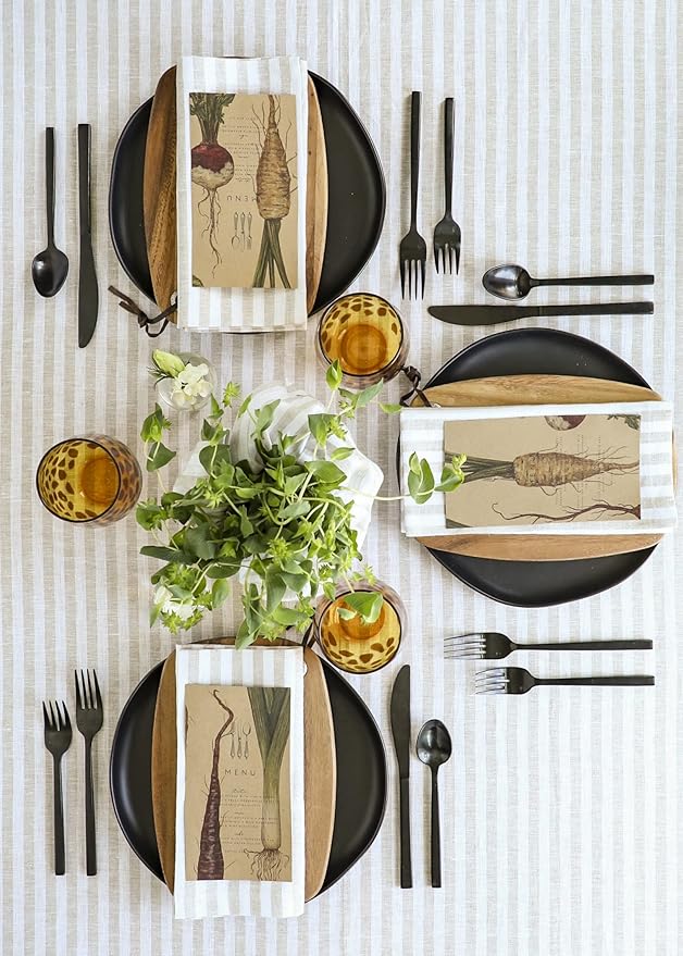 Solino Home Linen Napkins Set of 4-100% Pure Linen Amalfi Stripe Natural and White Cloth Dinner Napkins 20 x 20 Inch for Fall, Autumn, Thanksgiving, Christmas - Handcrafted and Machine Washable