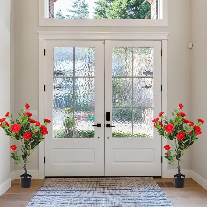 2 Pack Artificial Camellia Tree, 36" Red Faux Camellia Plant, Fake Indoor Outdoor Tree for Home, Office, Porch, Living Room, Red