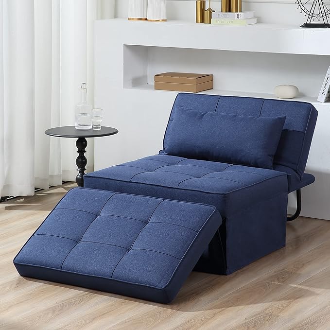 BIGSYY Sofa Bed, 4 in 1 Multi-Function Folding Ottoman Breathable Linen Couch Bed with Adjustable Backrest Modern Convertible Chair for Living Room Apartment Office, Blue