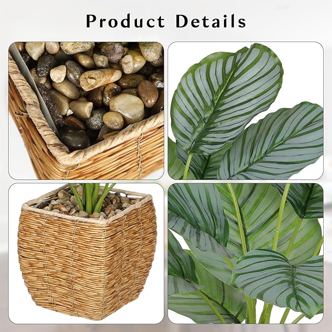Briful Fake Plants Potted Calathea orbifolia Artificial Plants Indoor Realistic Greenery Faux Plants in Square Plastic Rattan Baskets for Home Decor Farmhouse Office Weddings