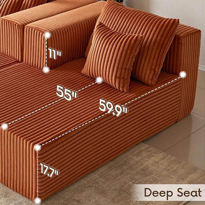 82" Oversized Chaise Lounge Chair, Corduroy Upholstered Sleeper Sofa with 4 Throw Pillows and Wide Armrest for Living Room, No Assembly Required Loveseat Couch, Orange