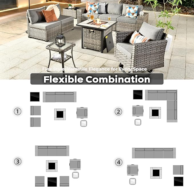 ovios 9 Pieces Patio Furniture Set, Outdoor Wicker Sectional Sofa with 30" Fire Pit Table Swivel Chair, Modern Modular Deep Seat Rattan Couch Conversation Sets, Dark Grey