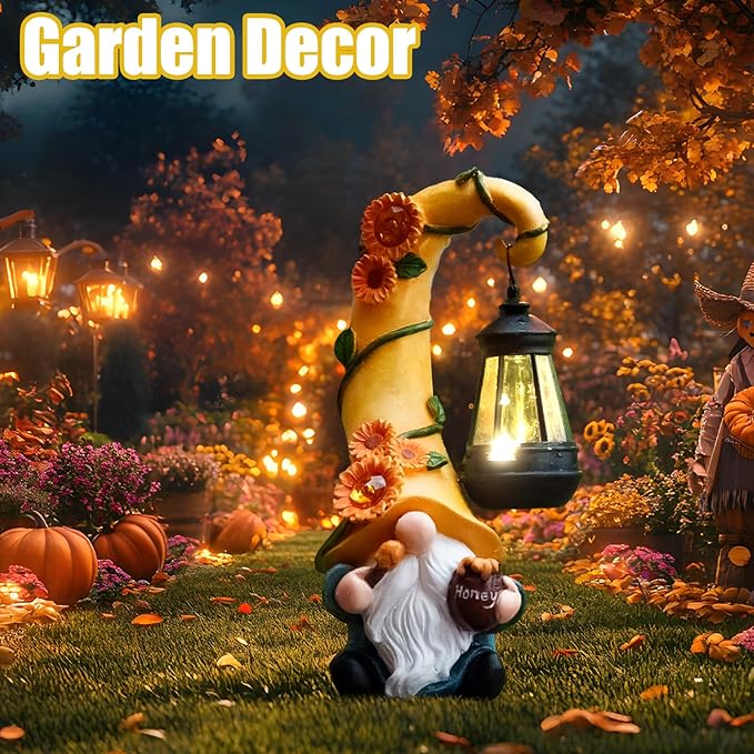Fall Decorations for Home Porch 12" Solar Fall Gnome Sunflower Garden Statues Honey Bee Jar Decor with LED Lantern Outdoor Gnomes Decorations Patio Yard Balcony Art Birthday Gifts for Mom Grandma