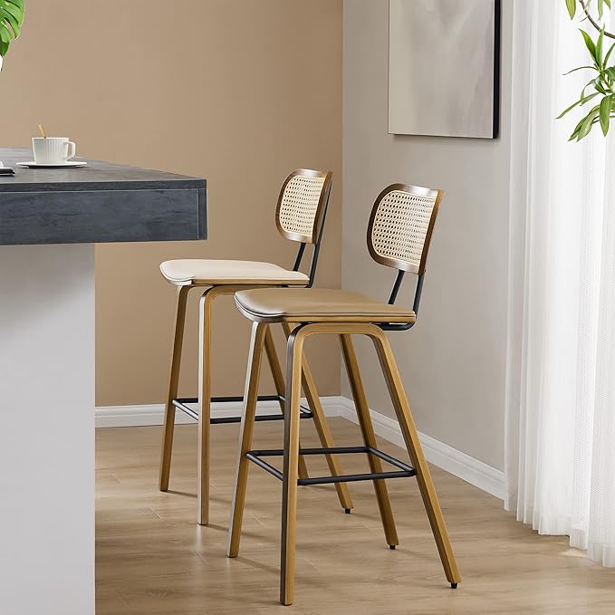 26" Counter Height Bar Stools Mid Century Modern Counter Stools, Wood Counter Stool with PU Leather Upholstered Bar Chair with Rattan Back, Counter Height Stools for Kitchen Island, Brown & Walnut