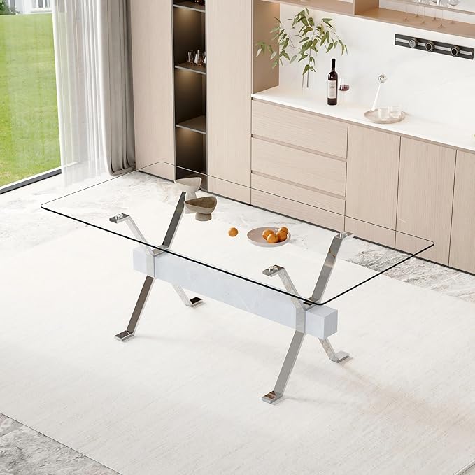 79" Glass Dining Table, Modern Kitchen Table, Modern Dining Table Set for 6, 0.5" Thick Tempered Glass Tabletop with Silver Chrome Metal Legs and Grey Crossbar, Ideal for Dining Room, Kitchen