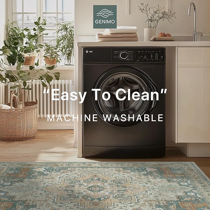 GENIMO 2x10 Runner Rugs for Hallway, Machine Washable Non Slip Vintage Rugs, Low Pile Lightweight Soft Print Rug for enrtyway, Corridor, Home Office, Kitchen,Ash Blue