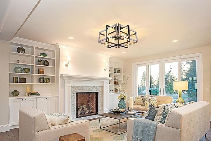 TOCHIC Flush Mount Ceiling Light, Black and Brushed Nickel Farmhouse Flush Mount Chandelier 4 Lights Industrial Metal Light Fixture for Dining Room, Living Room, Kitchen, Foyer, Hallway, Bedroom