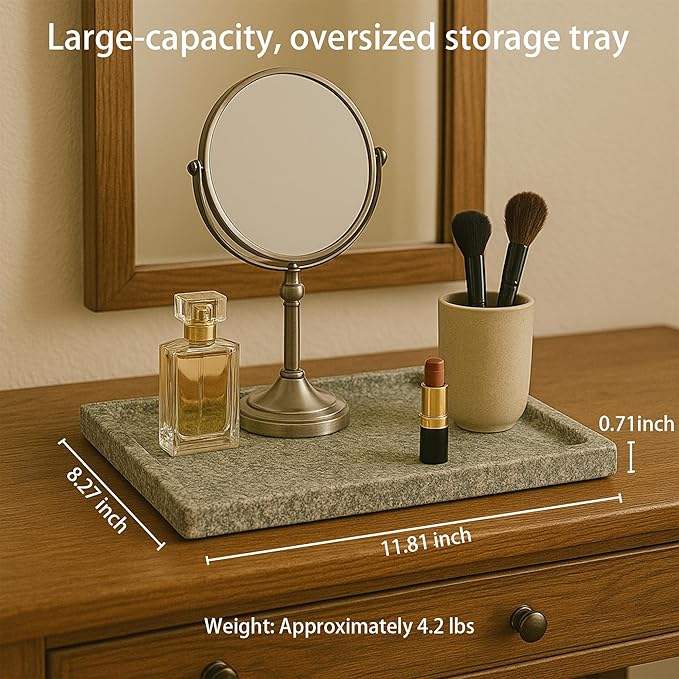 Large Stone Granite Vanity Tray 12 x 8 in - Rectangular Sand-Blasted Non-Slip Organizer with Grooved Edge, Vintage Catchall for Bathroom, Kitchen, Entryway & Bedroom (Imperial Green)