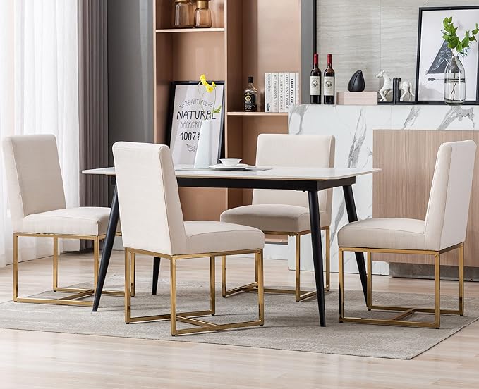 VESCASA Linen Upholstered Dining Chairs Set of 4, Mid Century Modern Padded Chair with Gold Metal Frame for Restaurant, Dining Room, Kitchen, Cream