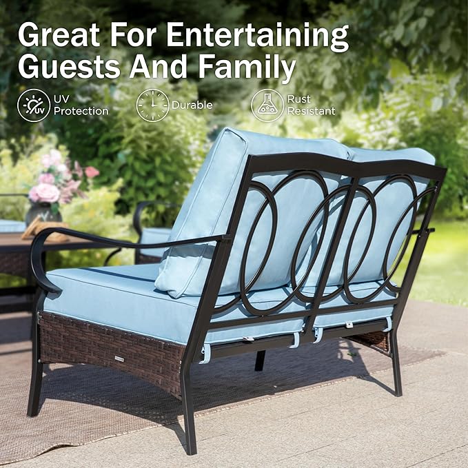 PHI VILLA Outdoor Porch Furniture Set, Upgraded Wicker&Metal Deep Seating Patio Furniture Conversation Set with Waterproof Thick Cushions for Balcony, Deck, and Yard (4 Pieces,Blue)