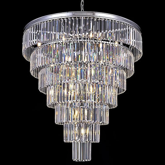 TOCHIC Large Crystal Chandelier for High Ceiling, 40-inch 7-Tier Modern Chrome Crystal Chandeliers Lighting Fixture, Raindrop K9 Round Light for Entryway Staircase Foyer Living Bedroom Dining Room