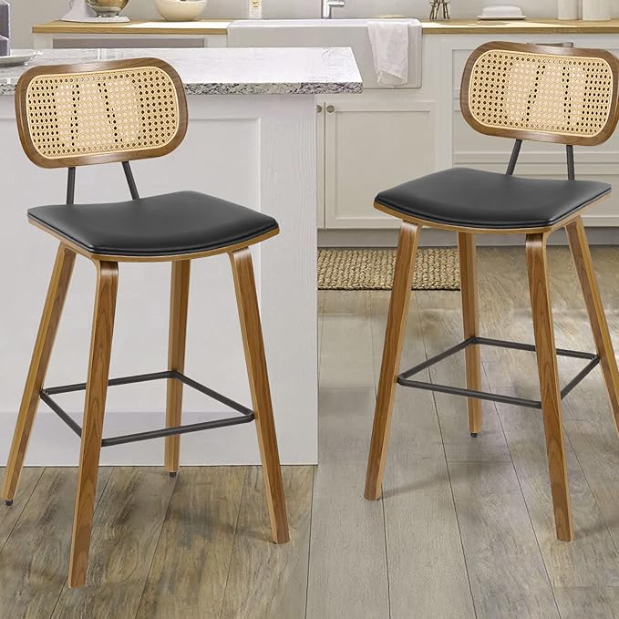 Counter Height Bar Stools Set of 2, Mid Century Modern Counter Stools, 26" Wood Kitchen Stool PU Leather Upholstered Barstool with Rattan Back, Counter Height Island Dining Bar Chair, Black