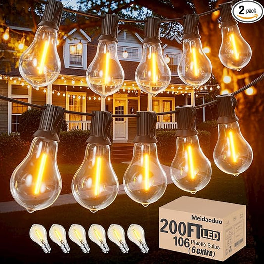 String Lights for Outside 200 FT Outdoor String Lights Waterproof with 100+6ea A39 Shatterproof Warm Bistro Lights for Patio Gazebo Backyard Garden, 2x100FT Linkable