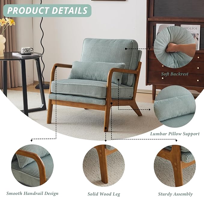 Karl home Mid-Century Modern Accent Chair, Living Room Chairs with Pillow Corduroy Upholstered Lounge Armchair with Solid Wood Frame & Soft Cushion for Bedroom, Reading Room, Teal