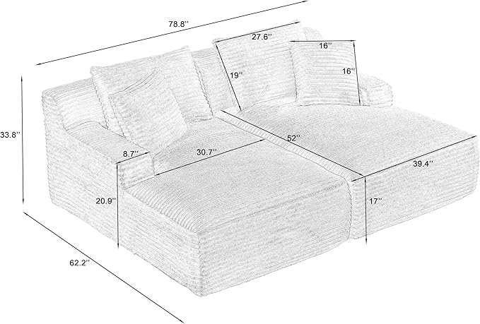 Oversized Double Chaise Lounge, Corduroy Boneless Couch, Modern Oversized Chaise Lounge, Upholstered Sleeper Sectional Sofa Daybed with Throw Pillows and Armrest for Living Room, Light Grey