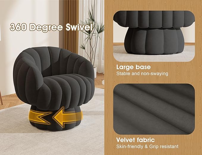 Mid Century Modern 360 Degree Barrel Swivel Accent Sofa Chair,Fluffy Velvet Fabric Lounge Wide Upholstered Pumpkin Reading Chair, Round Cloud Armchair for Living Room,Bedroom,Vanity(Black)