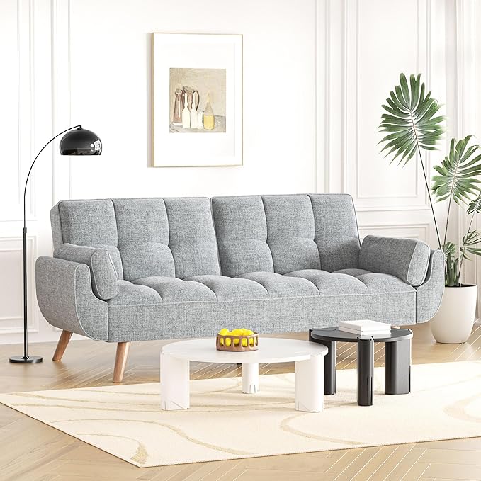 Futon Couch for Small Spaces & Apartment, 2-in-1Modern Comfy Loveseat Convertible Sofa Bed, 75.4-Inch Compact Design for Living Room, Dorms, and Studios-Light Grey