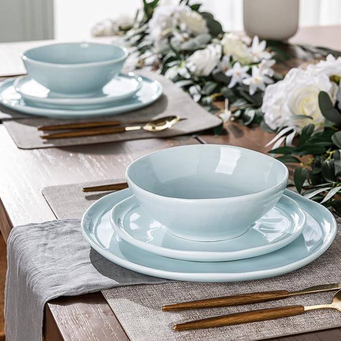 LERATIO Ceramic Dinnerware Sets for 6,Porcelain Plates and Bowls Sets with Wavy Edge,Microwave & Dishwasher & Oven Safe,Light Weight & Scratch Resistant Dishes Sets-Light Blue(18pcs)