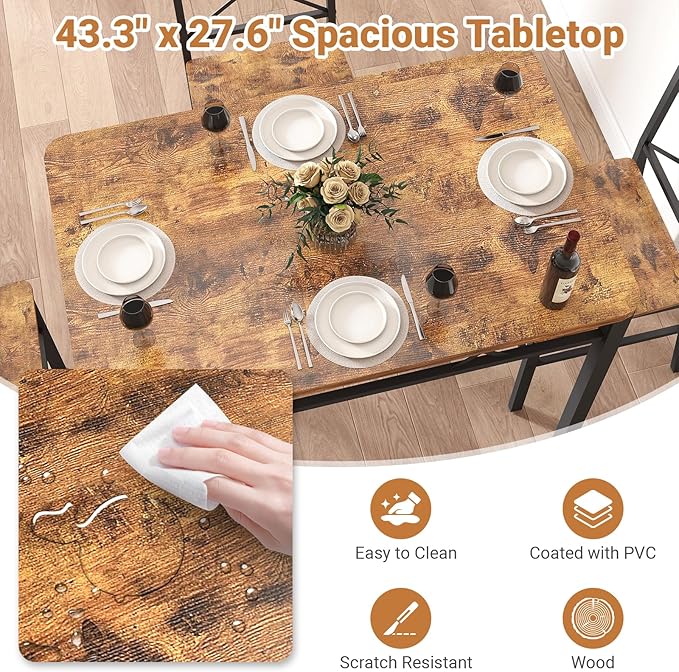 Dining Table Set for 4, 5-Piece Dining Table Set, Kitchen Table Chairs Set of 4, Rectangular Kitchen Table Set with 4 Curved Backrest Chairs, for Small Spaces & Apartment-Brown